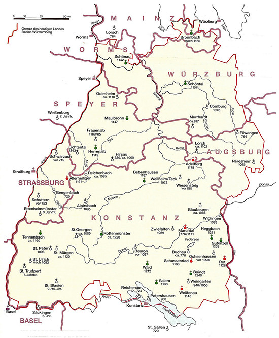 Abbildung 3: Frühe Bistümer und Klöster Süd­west­deutsch­lands