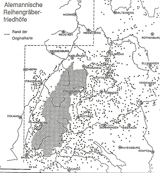 Abbildung 1: Alemannische Reihengräber in Südwestdeutschland