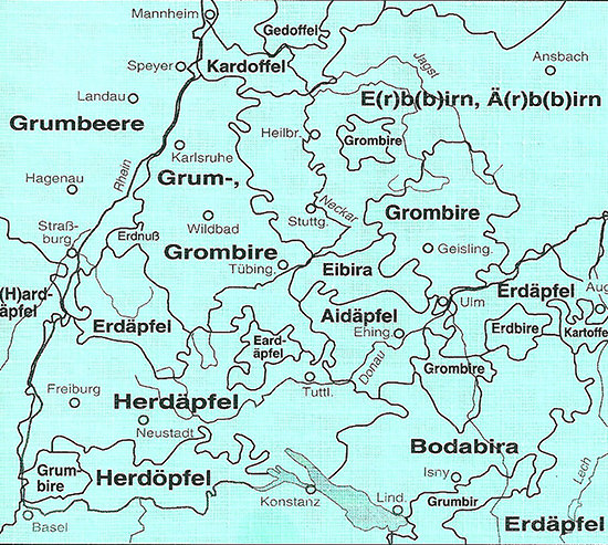 Abbildung 3: Dialektvarianten Südwestdeutschlands am Beispiel der Kartoffel